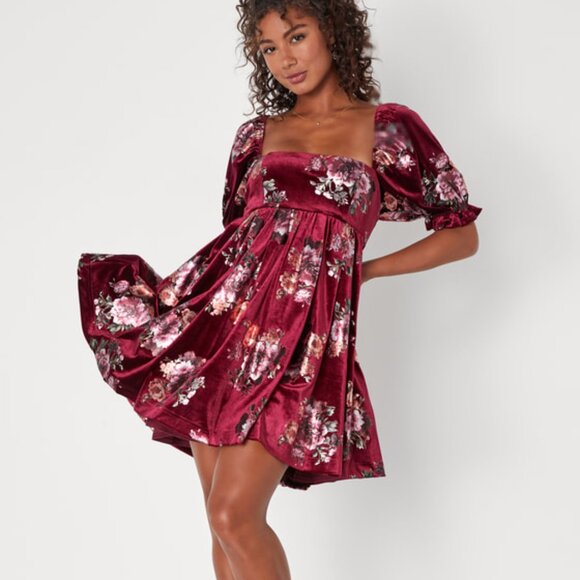 Lulus Adorably Darling Burgundy Velvet Floral Print Babydoll Dress Red - Size M - Picture 1 of 2